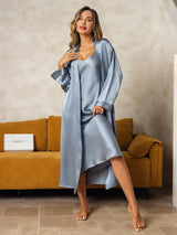 [Blu Grigiastro] SilkSilky-IT Manica lunga Scollo a V Set camicia e vestaglia 005