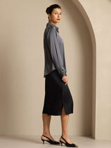 [Grigio Scuro] SilkSilky-IT Long Sleeve Lapel Collar Camicie da donna 009