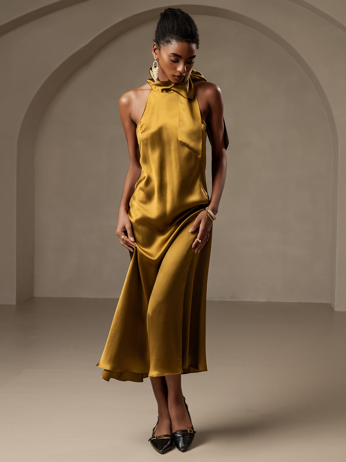 [Marrone] SilkSilky-IT 19Momme Seta Senza maniche Dress 005