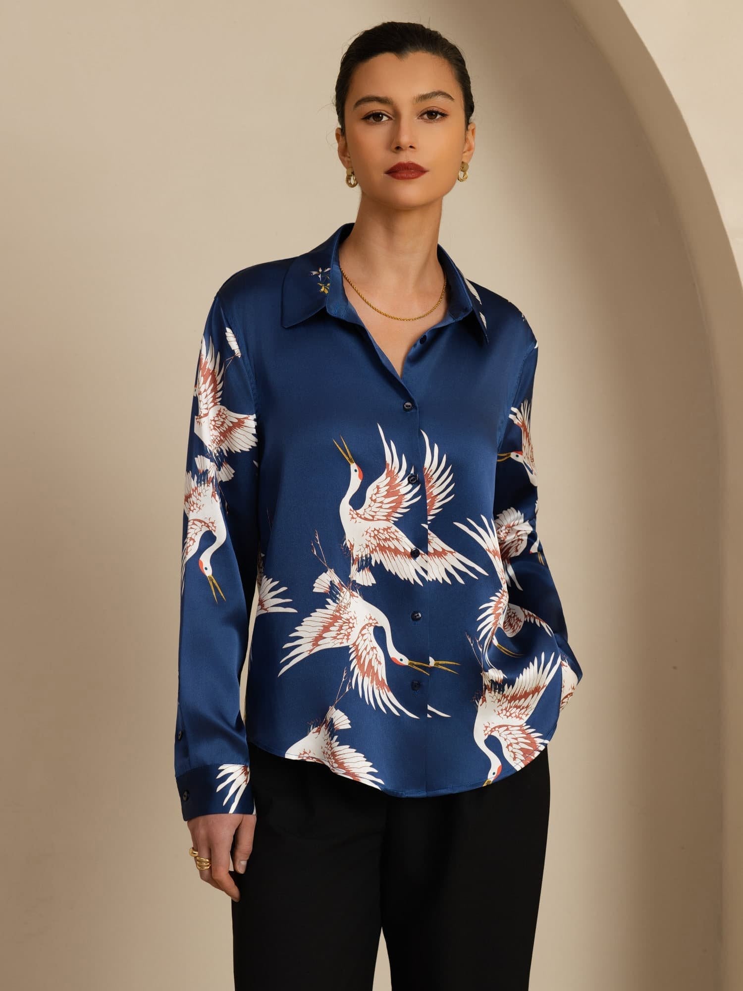 [Blu Scuro] SilkSilky-IT Long Sleeve Lapel Collar Camicie da donna 001