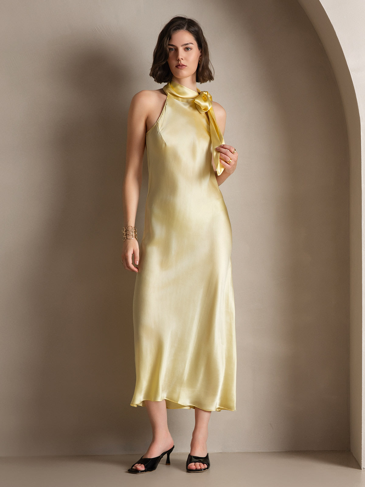 SilkSilky-IT 19Momme Seta Senza maniche Nodo al collo Vestiti da donna GialloChiaro 007