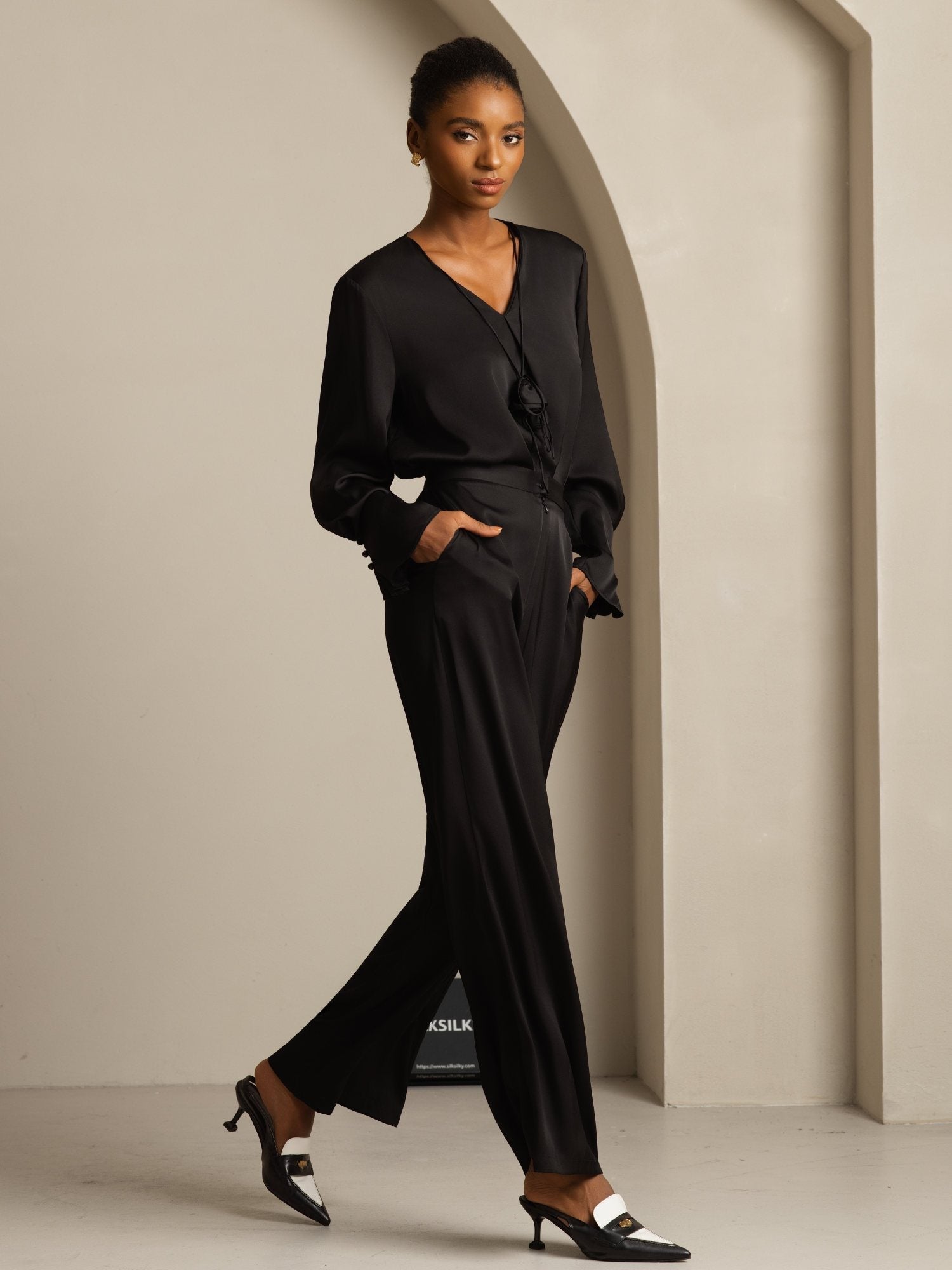 [Nero] SilkSilky-IT 19Momme Seta Manica lunga Scollo a V Camicette 008