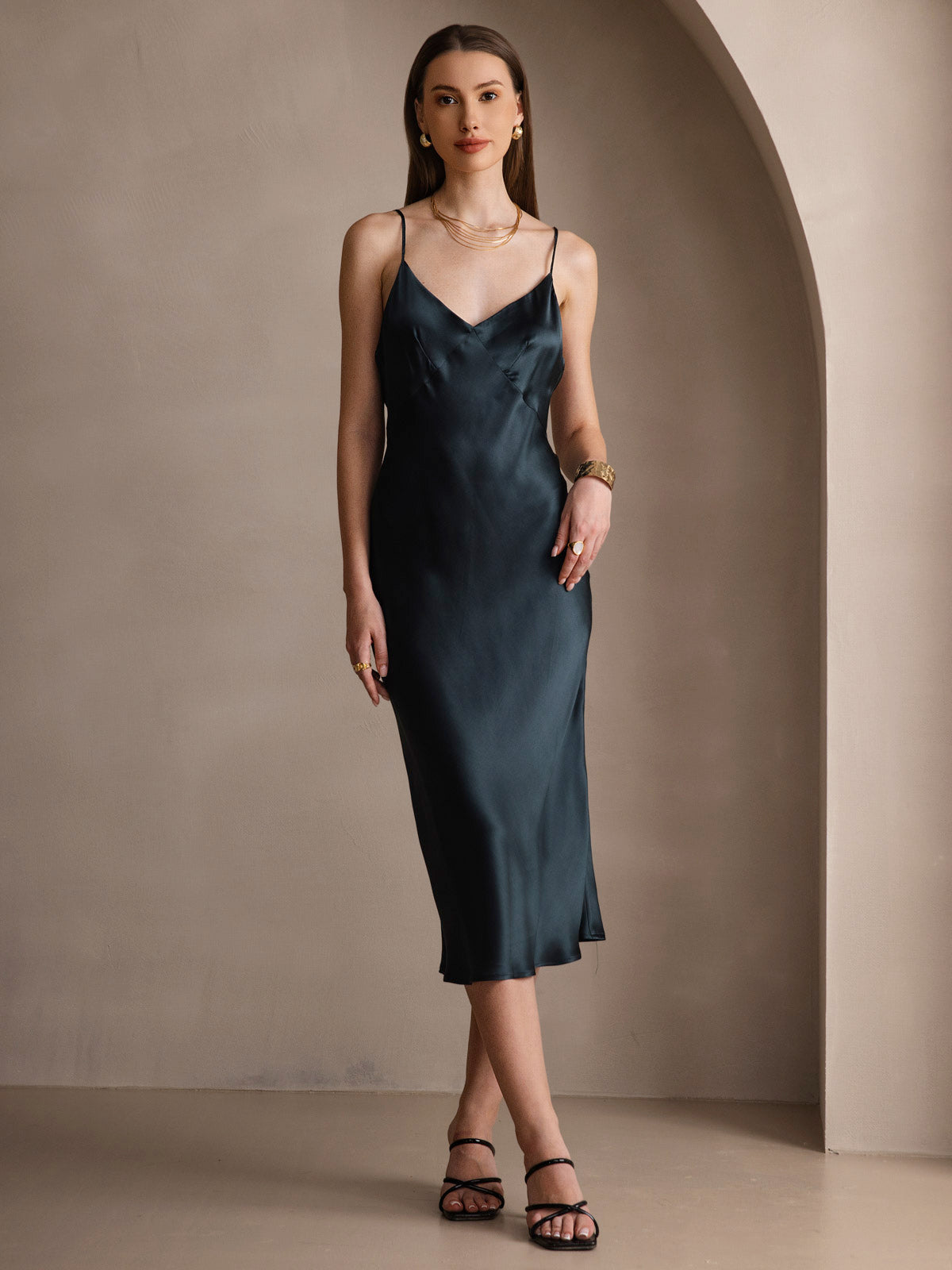 [Verde Scuro] SilkSilky-IT 19Momme Seta pura Collo a V Vestiti da donna 001