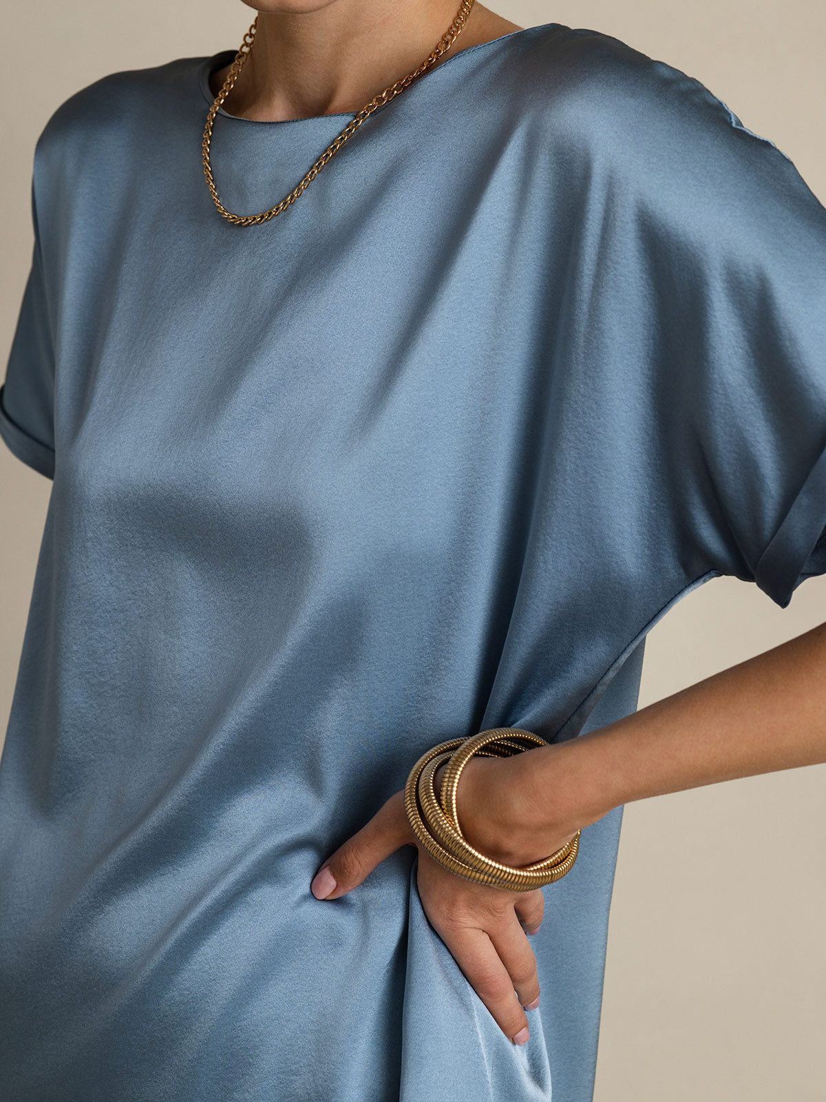 [Blu Grigiastro] SilkSilky-IT 19Momme Seta Womens T-Shirt 008,