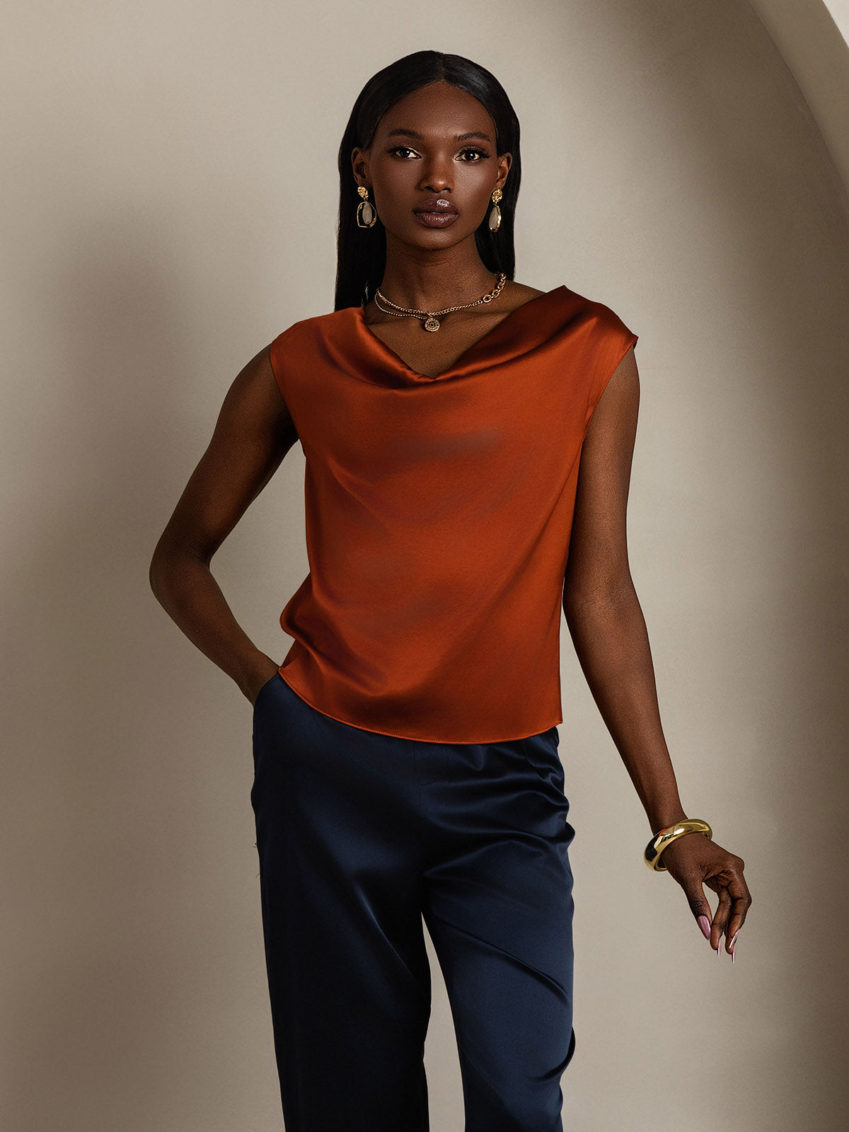 [Caramello] SilkSilky-IT 19Momme Seta Collo drappeggiato Magliette donna 001
