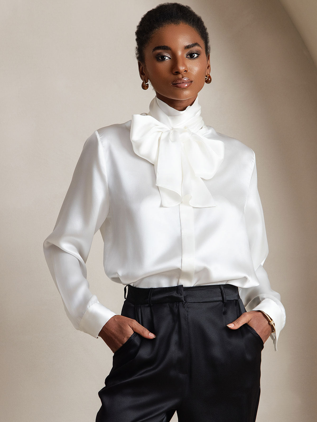 [Bianco] SilkSilky-IT 19Momme Manica lunga Camicette 001