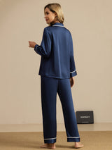 [Blu Scuro] SilkSilky-IT Long Sleeve Lapel Collar Pigiami da donna 002