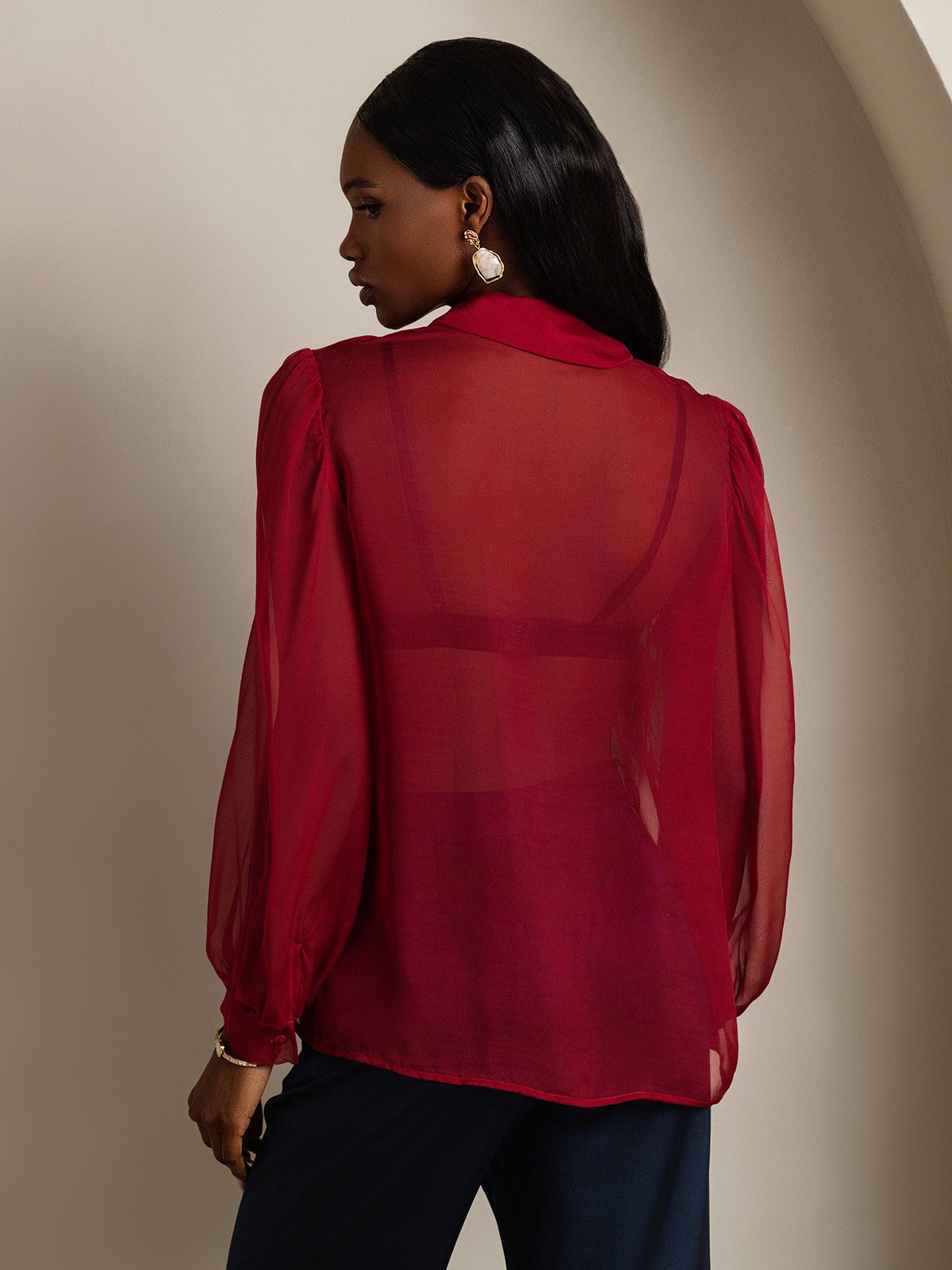 SilkSilky-IT Seta pura Manica lunga Nodo al collo Camicie da donna Vino 002