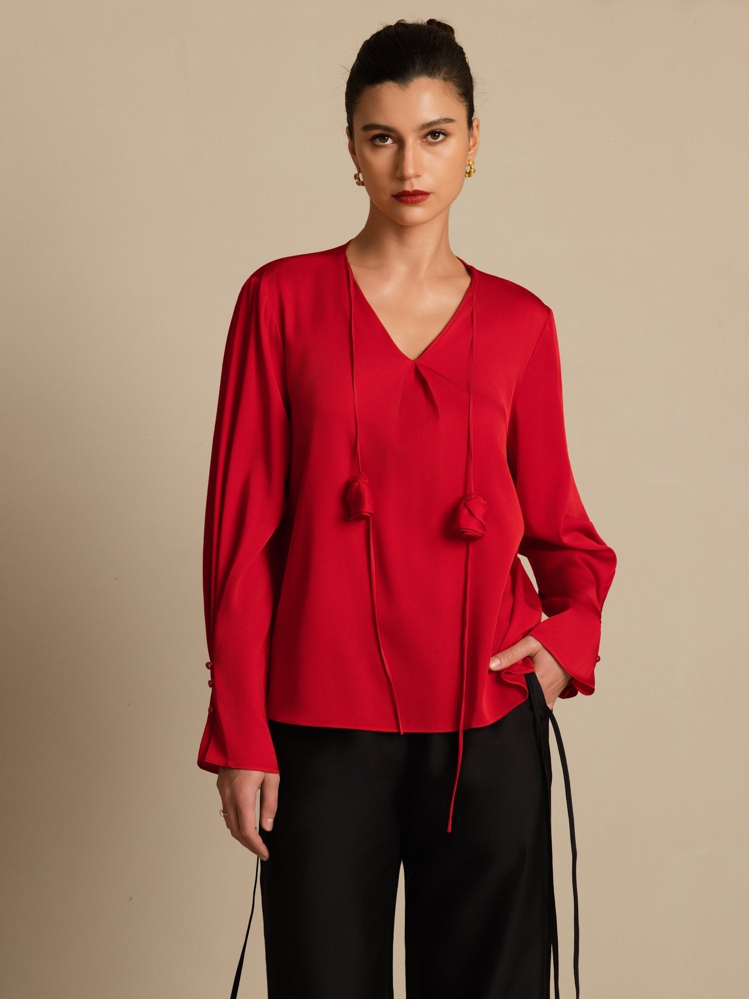 [Vino] SilkSilky-IT 19Momme Seta Manica lunga Scollo a V Camicette 003