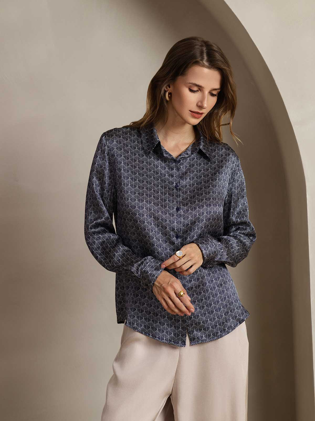 [Ginkgo Blu Navy] SilkSilky-IT Seta Colletto risvolto Camicie da donna 005
