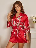 SilkSilky-IT 19Momme Seta pura A tre quarti Scollo a V profondo Vestaglia da donna RossoScuro 003