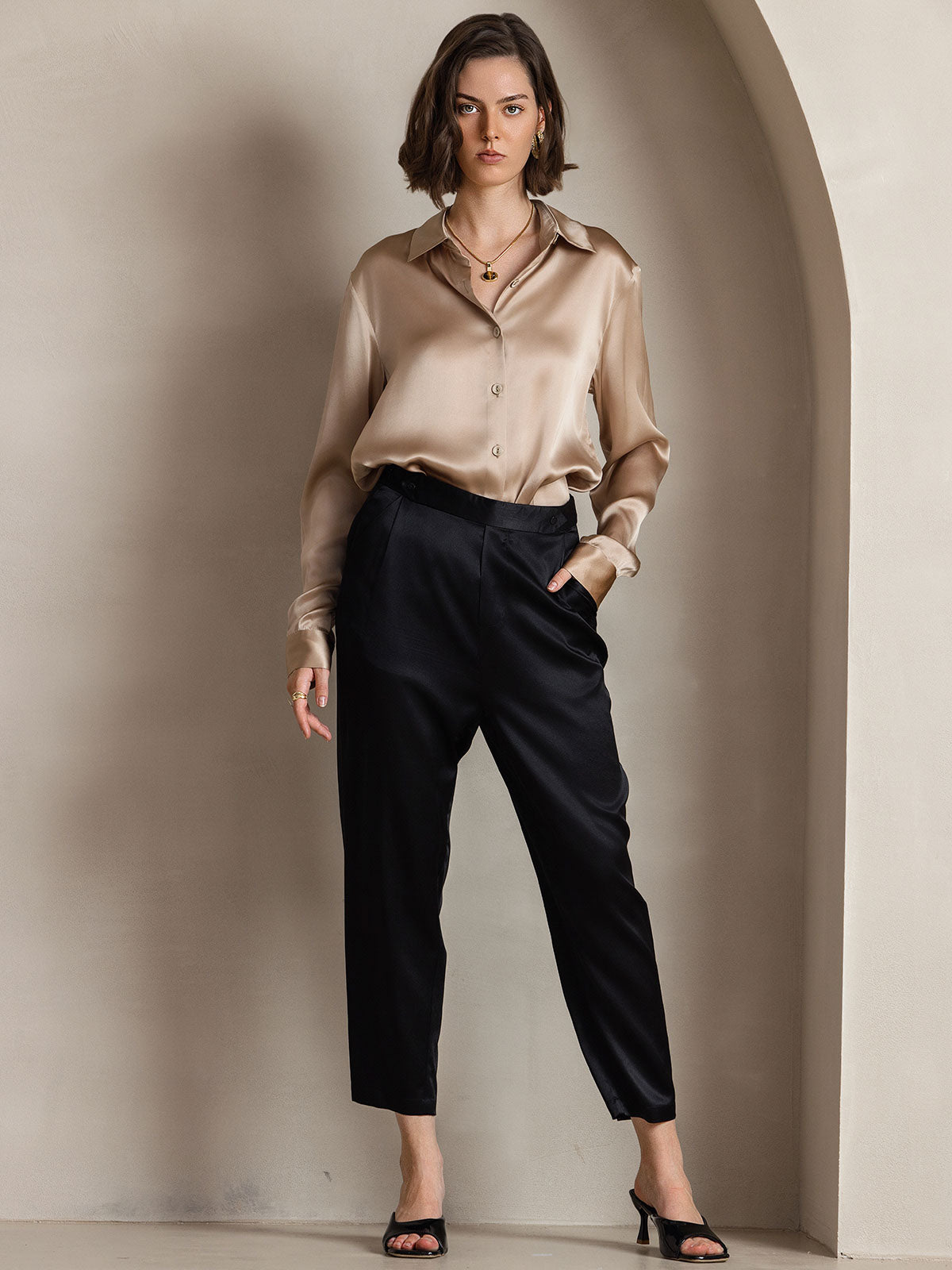 [Champagne] SilkSilky-IT Seta Colletto risvolto Camicie da donna 003