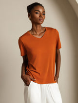 [Arancia] SilkSilky-IT Short Sleeve V Neck Magliette donna 006