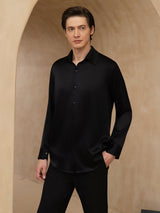[Nero] SilkSilky-IT 19Momme Manica lunga Colletto con Revers Camicia da uomo 001