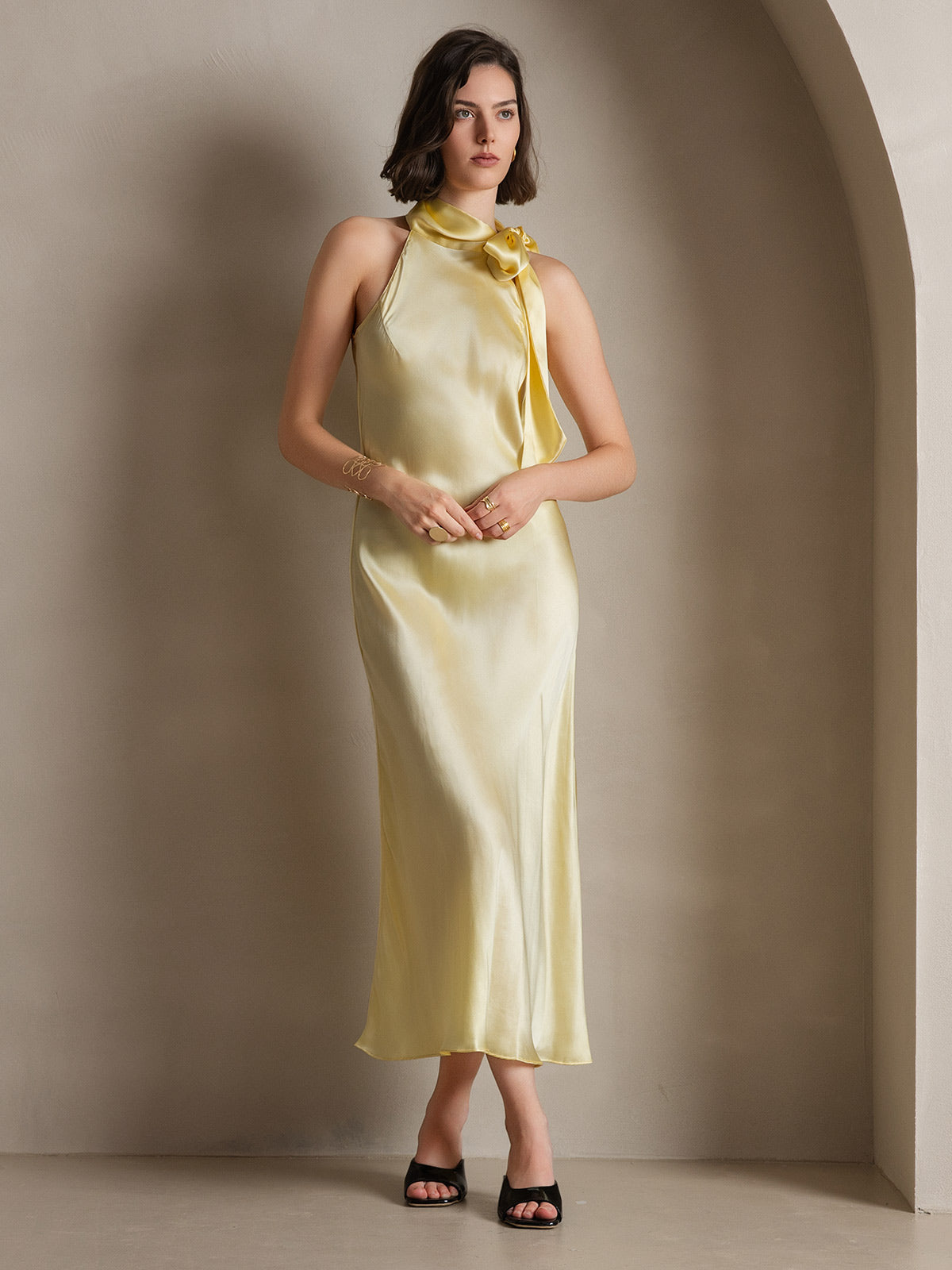 SilkSilky-IT 19Momme Seta Senza maniche Nodo al collo Vestiti da donna GialloChiaro 006