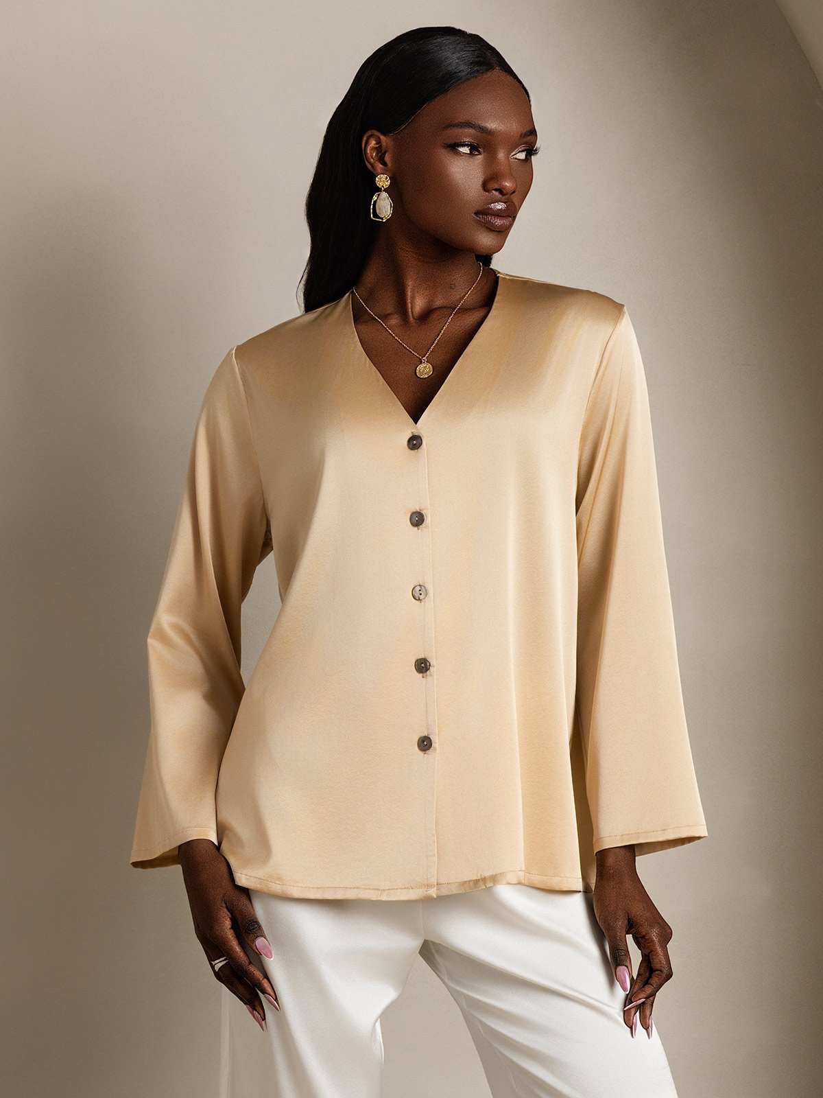[Champagne] SilkSilky-IT 19Momme Seta Collo a V Camicie da donna 001