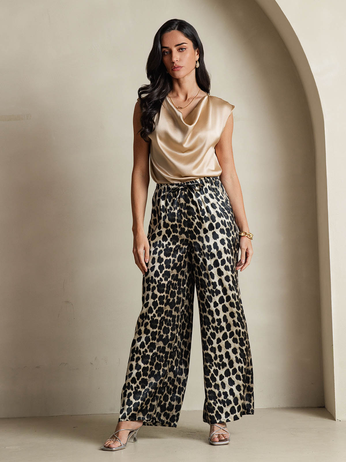 [Champagne] SilkSilky-IT 19Momme Seta Senza maniche Collo drappeggiato Magliette donna 008