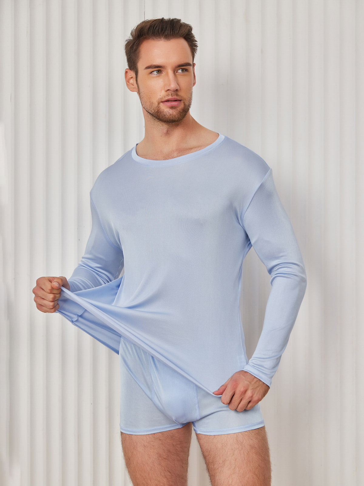 [Azzurro] SilkSilky-IT Manica lunga Scollo rotondo Maglietta da uomo 004