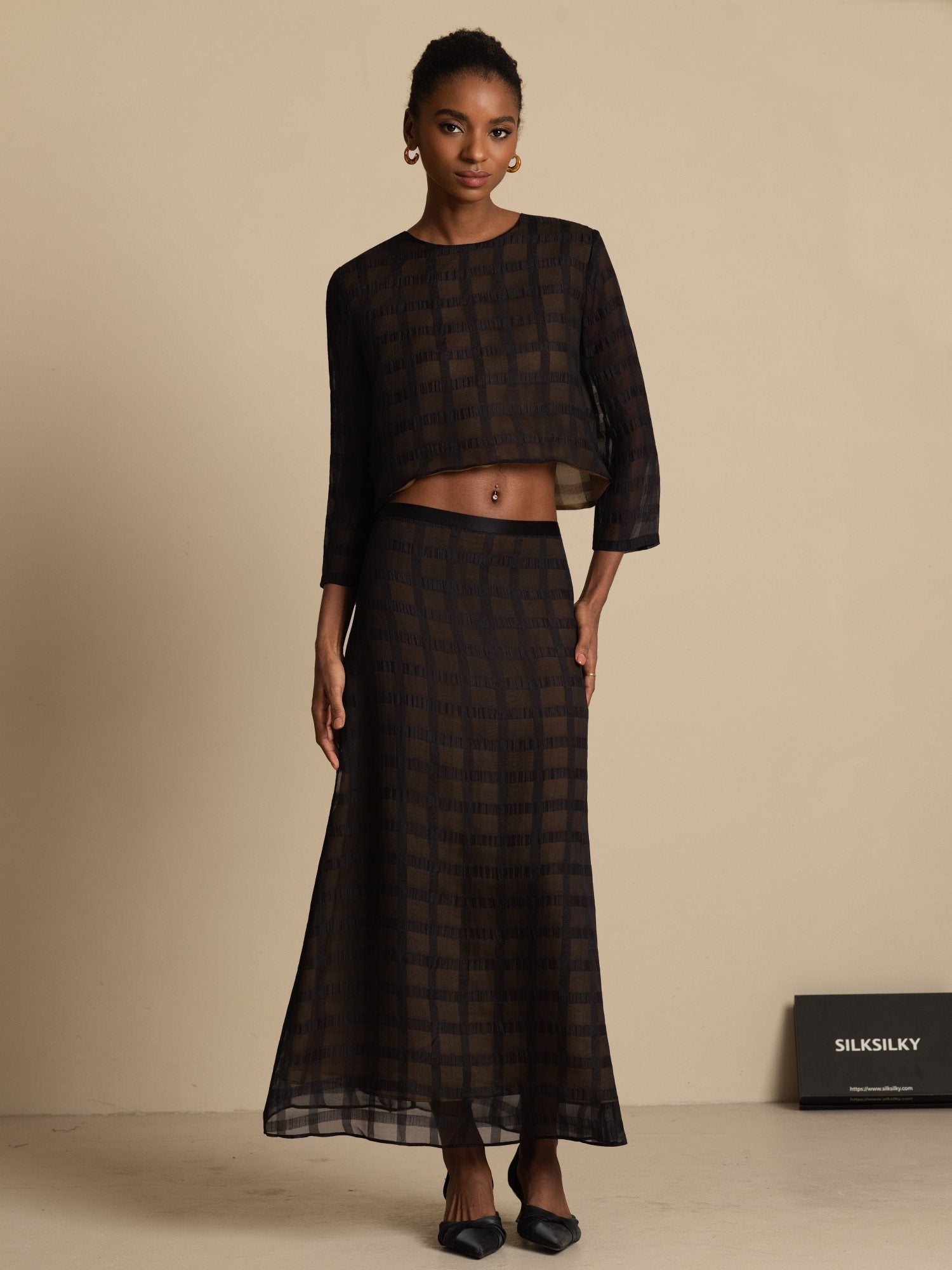 [Nero] SilkSilky-IT Seta Pura Manica lunga Womens Outfit Sets 001