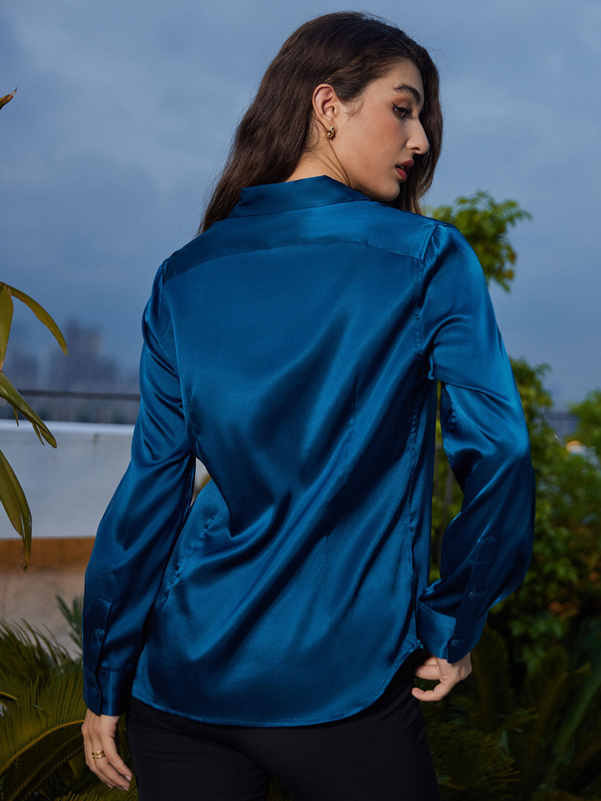 [Verde Acqua] SilkSilky-IT Seta Colletto risvolto Camicie da donna 002