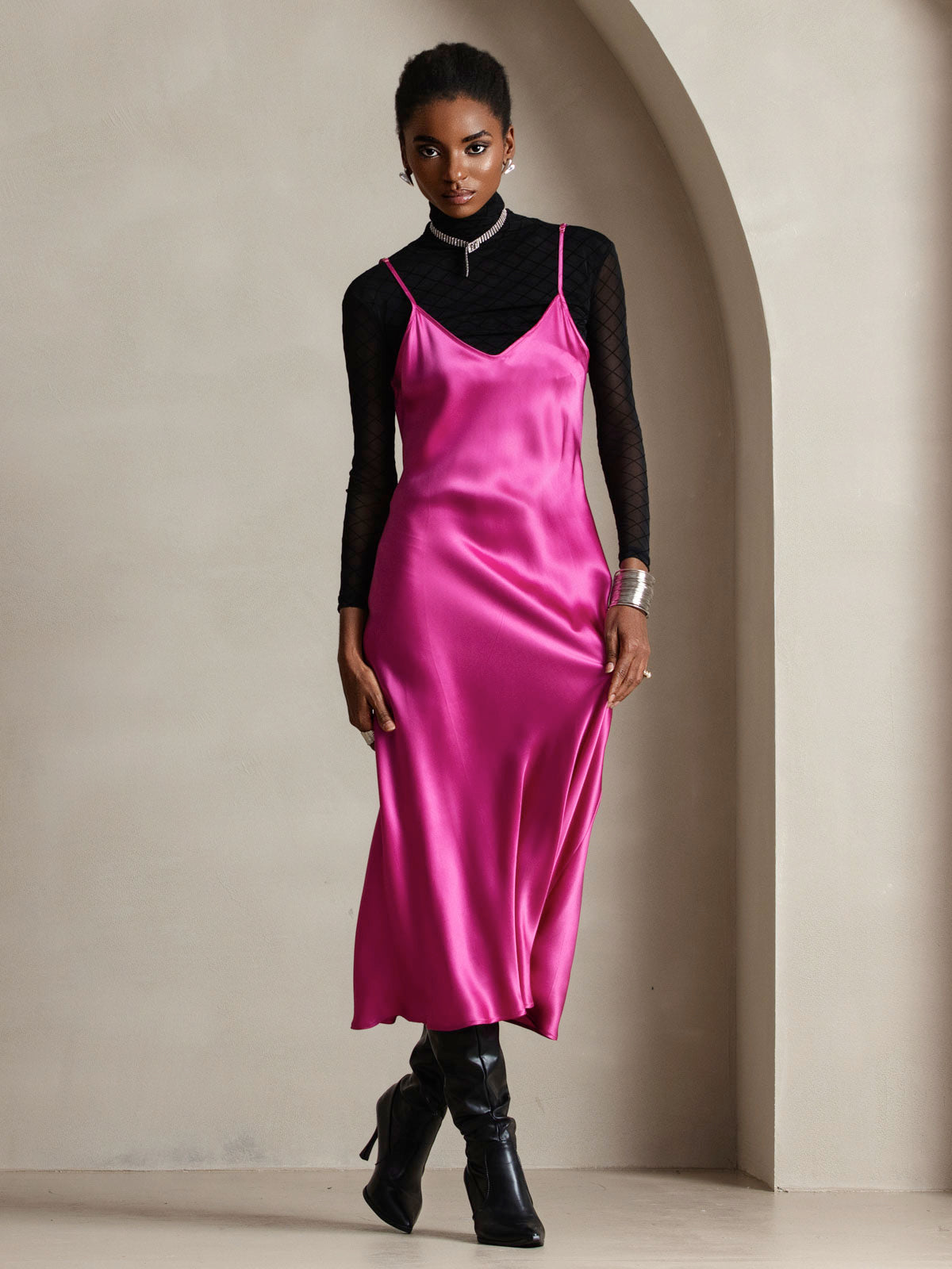 [Rosa Rossa] SilkSilky-IT Tirantes Finos Scollo a V Vestiti da donna 006