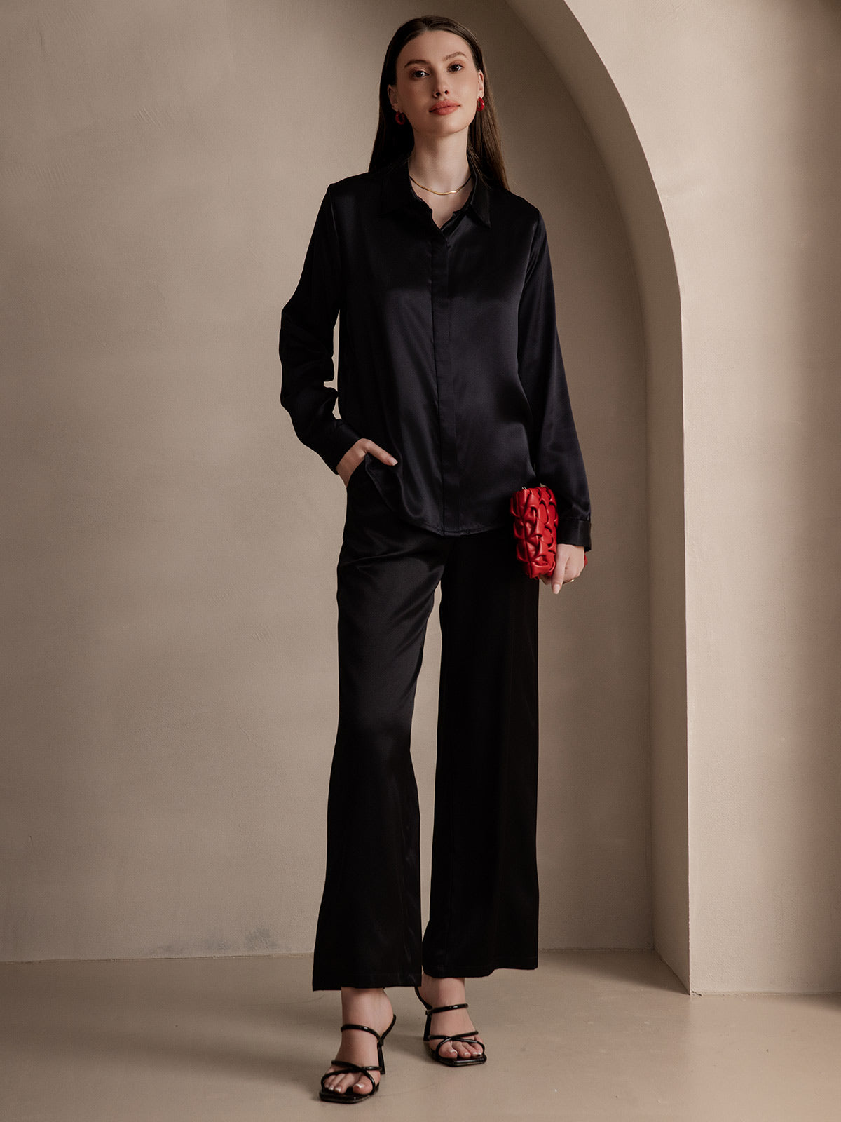 [Nero] SilkSilky-IT 19Momme Seta Lapel Collar Camicie da donna 007