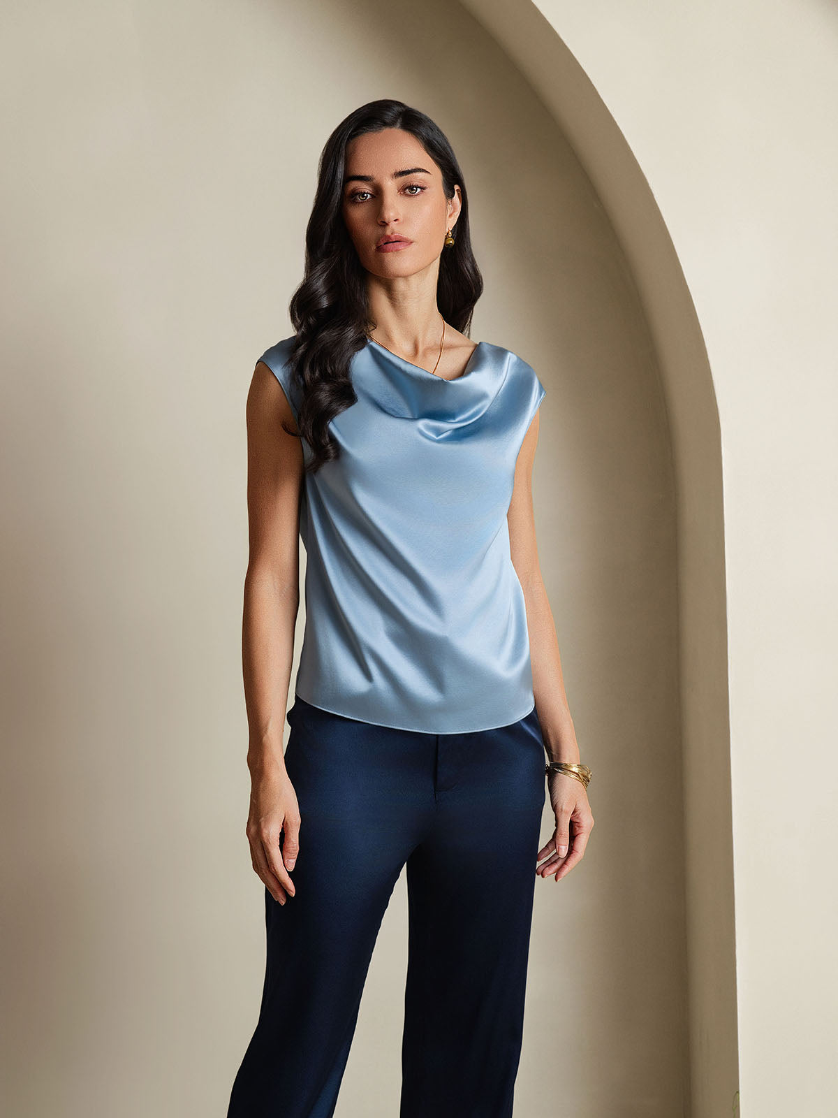 [Blu Grigiastro] SilkSilky-IT 19Momme Seta Senza maniche Collo drappeggiato Magliette donna 001