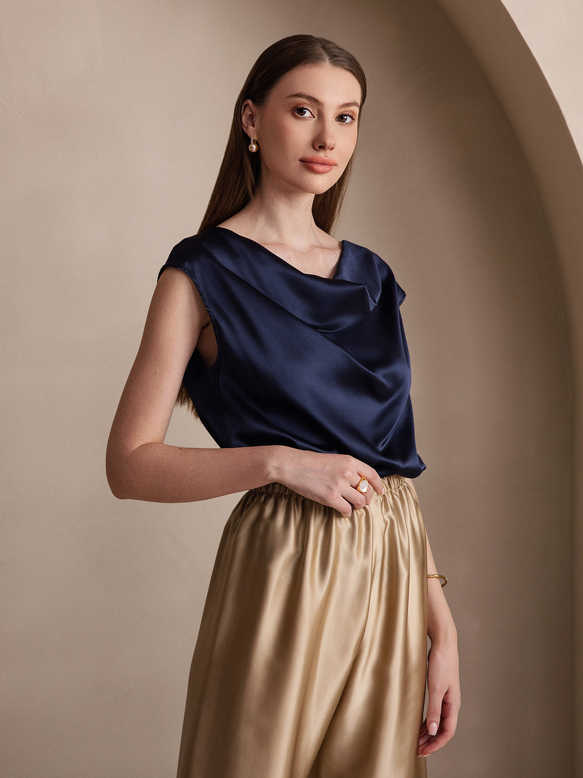 [Blu Scuro] SilkSilky-IT 19Momme Seta Collo drappeggiato Magliette donna 005