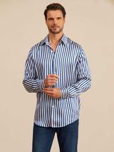 [Righe Navy] SilkSilky-IT 19Momme Manica lunga Colletto con Revers Camicia da uomo 003