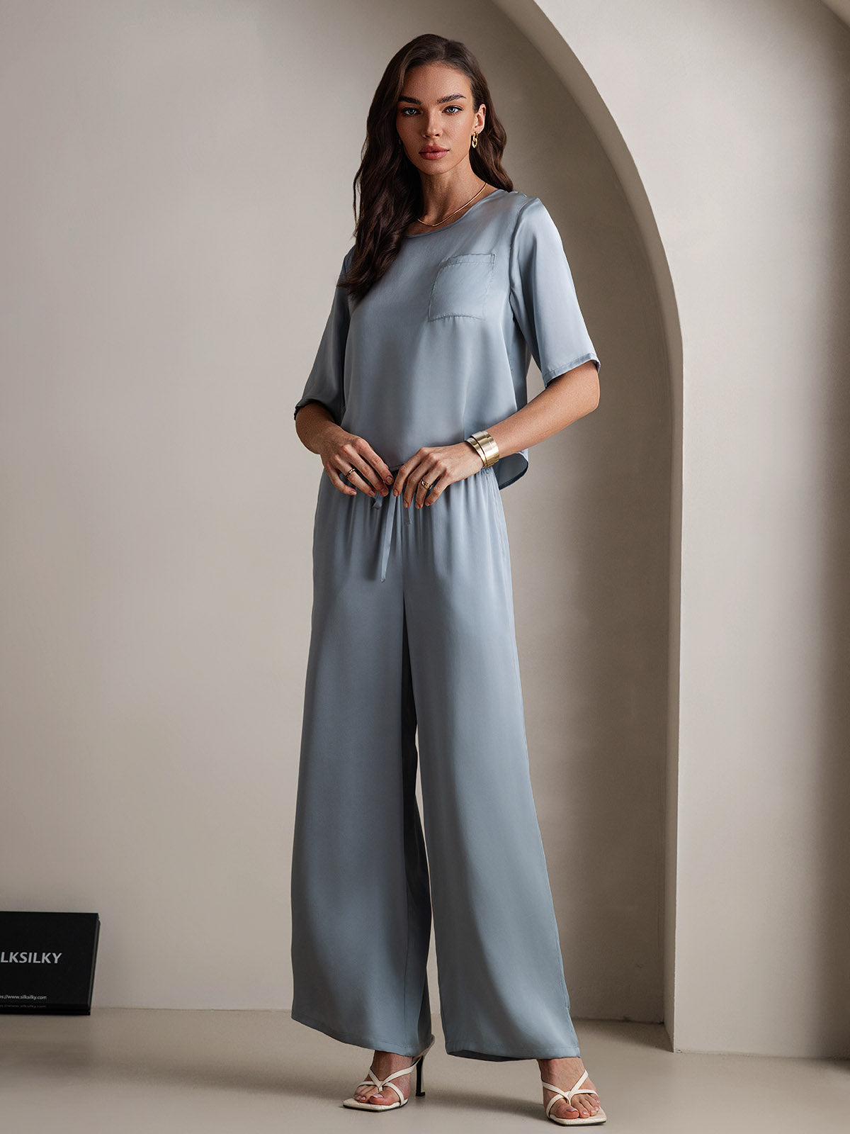 [Blu Grigiastro] SilkSilky-IT Seta pura Womens Pajamas 004