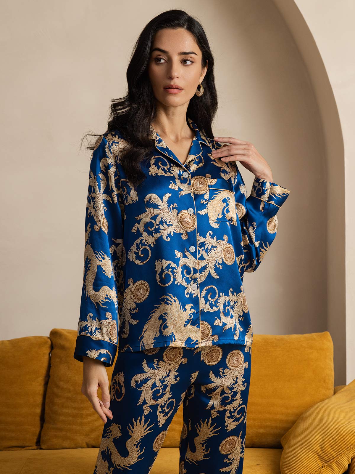 [Drago Navy] SilkSilky-IT Seta pura Womens Pajamas 003