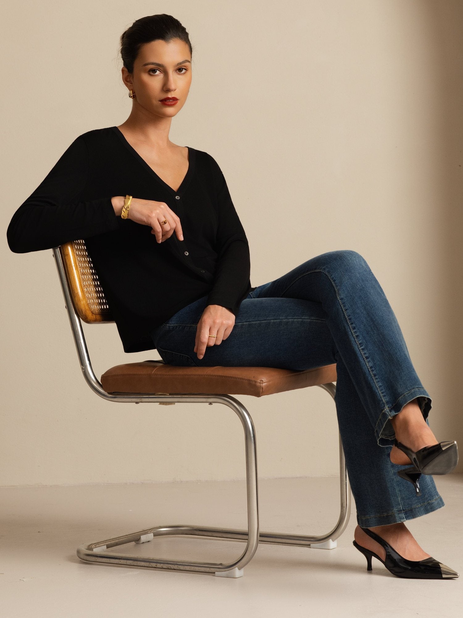 [Nero] SilkSilky-IT 19Momme Seta Manica lunga Scollo a V Cardigan Donna 007