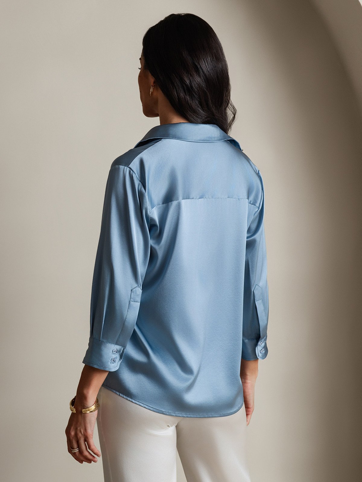 [Blu Grigiastro] SilkSilky-IT 3/4 Sleeve Lapel Collar Camicie da donna 002