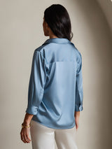 [Blu Grigiastro] SilkSilky-IT 3/4 Sleeve Lapel Collar Camicie da donna 002