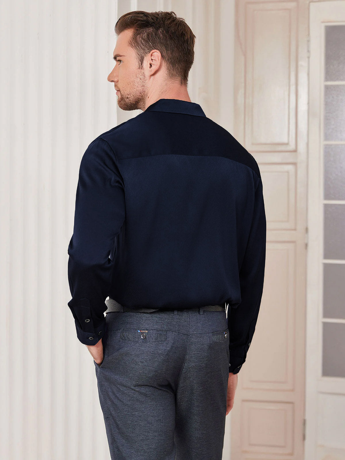 [Blu Scuro] SilkSilky-IT Seta Colletto risvolto Camicia da uomo 004