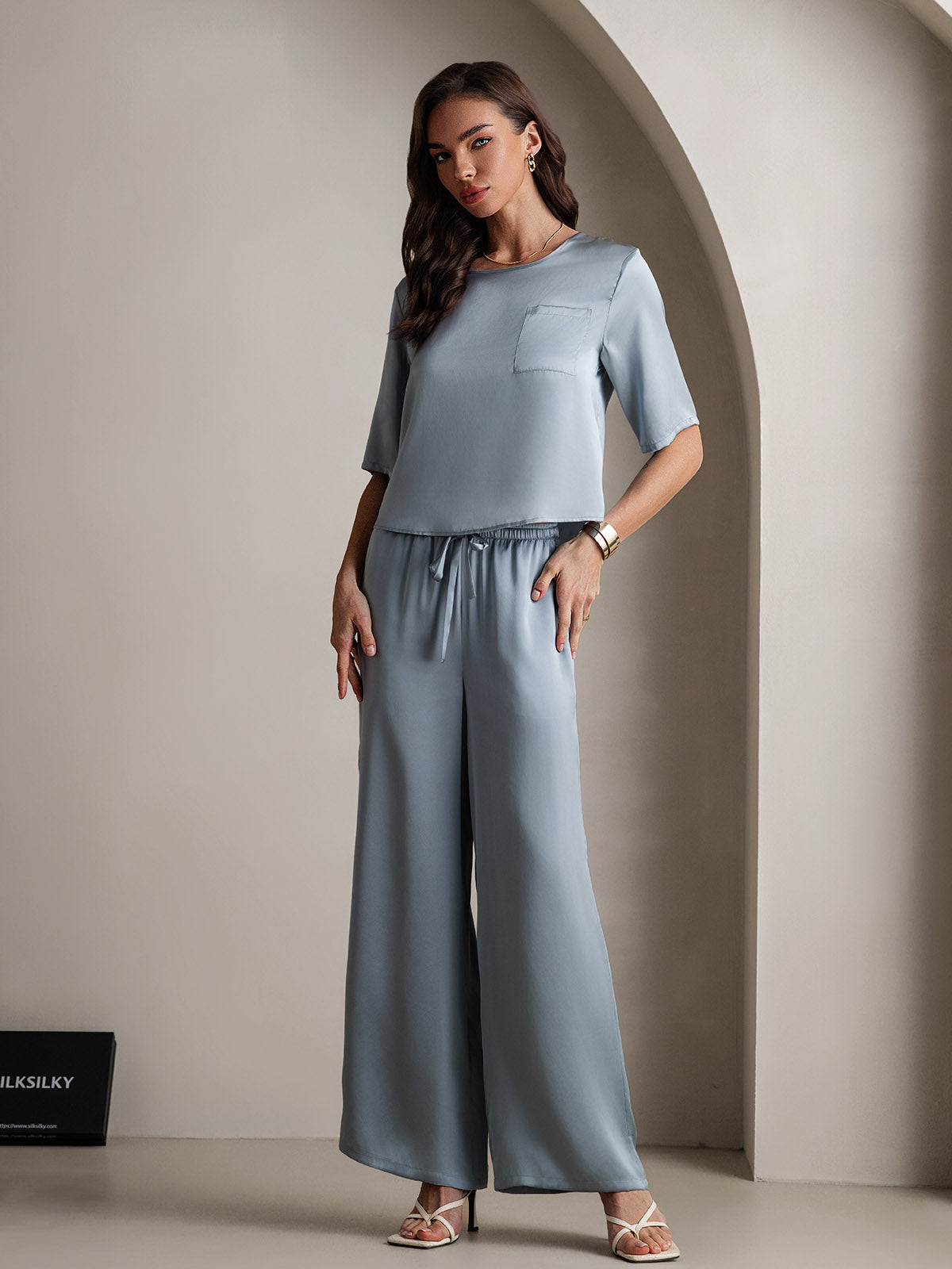 [Blu Grigiastro] SilkSilky-IT Seta pura Womens Pajamas 005
