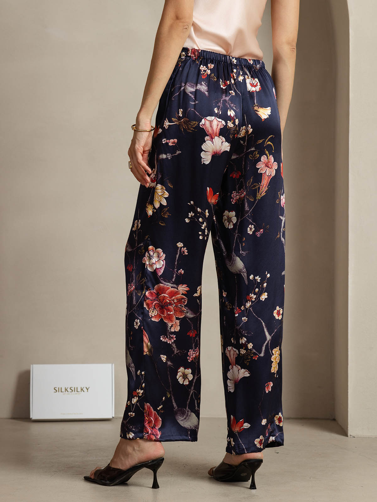 [Floreale Blu Navy] SilkSilky-IT 19Momme Seta Womens Pants 002