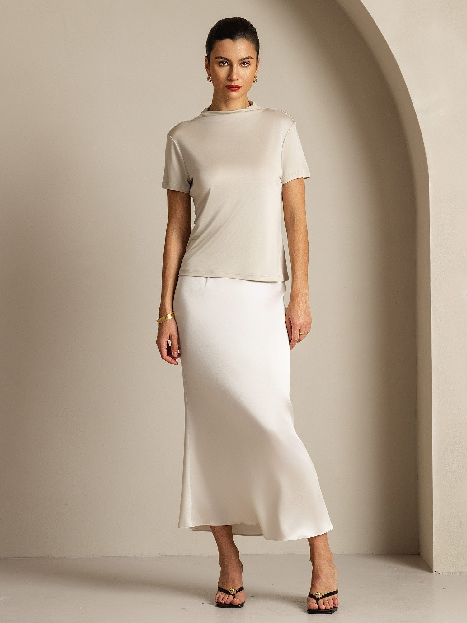 [Grigio] SilkSilky-IT Seta pura Colletto risvolto Magliette donna 008