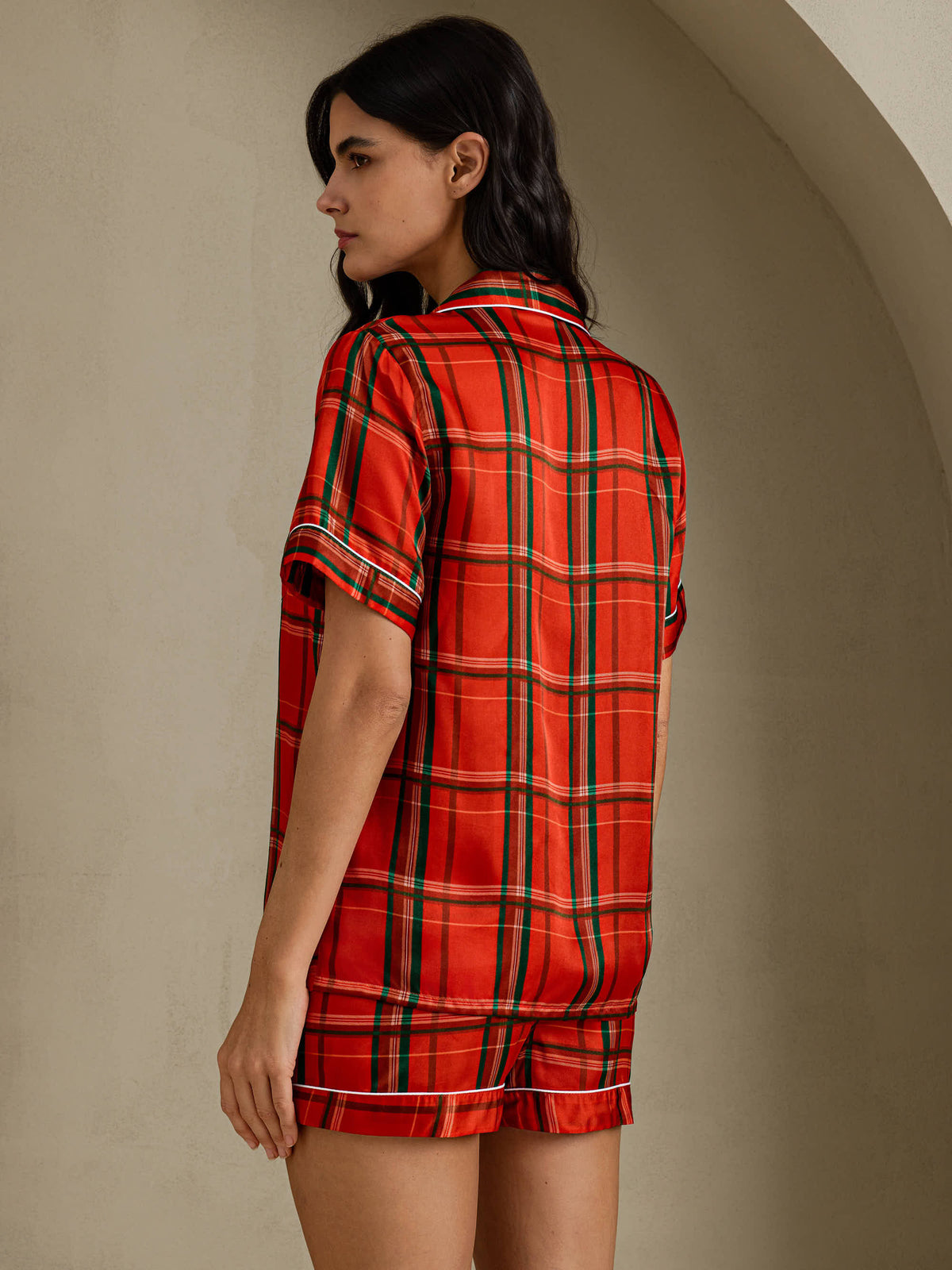 [Quadri Rossi] SilkSilky-IT Short Sleeve Notch Collar Pigiami da donna 002