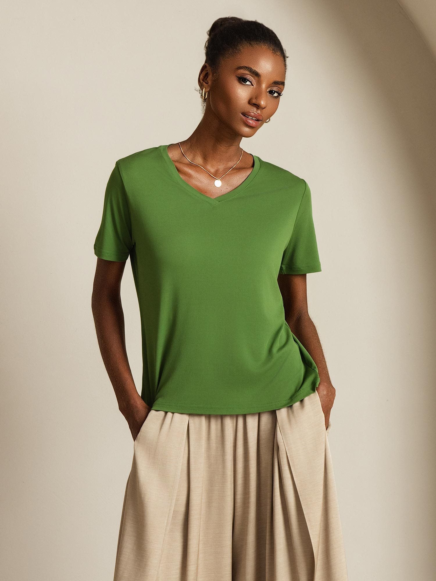 [Verde] SilkSilky-IT Seta pura Womens T-Shirt 001