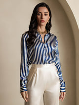 [Righe Navy] SilkSilky-IT Long Sleeve Lapel Collar Camicie da donna 001