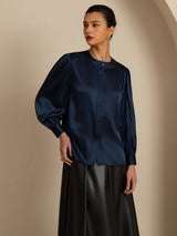 [Blu Scuro] SilkSilky-IT 19Momme Long Sleeve Round Neck Camicette 005