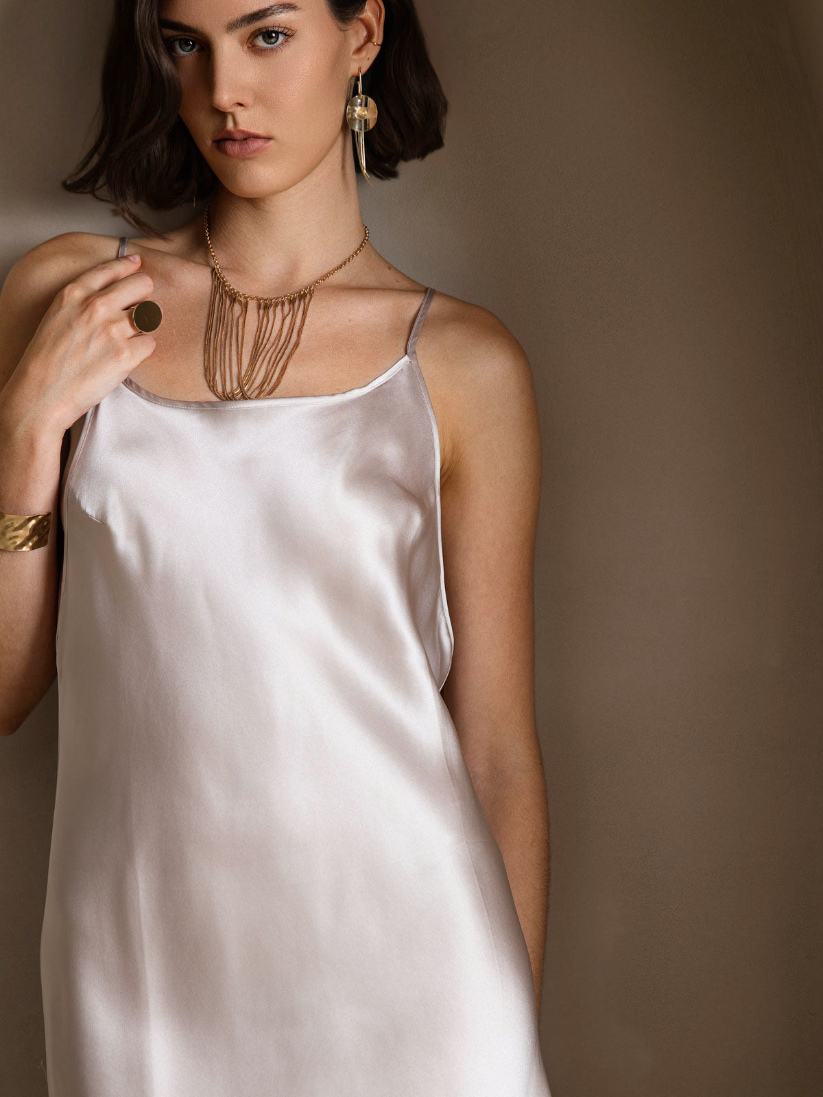 [Beige] SilkSilky-IT Seta pura Senza maniche Round Neck Vestiti da donna 005