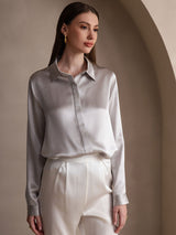 [Grigio Chiaro] SilkSilky-IT Long Sleeve Lapel Collar Camicie da donna 003