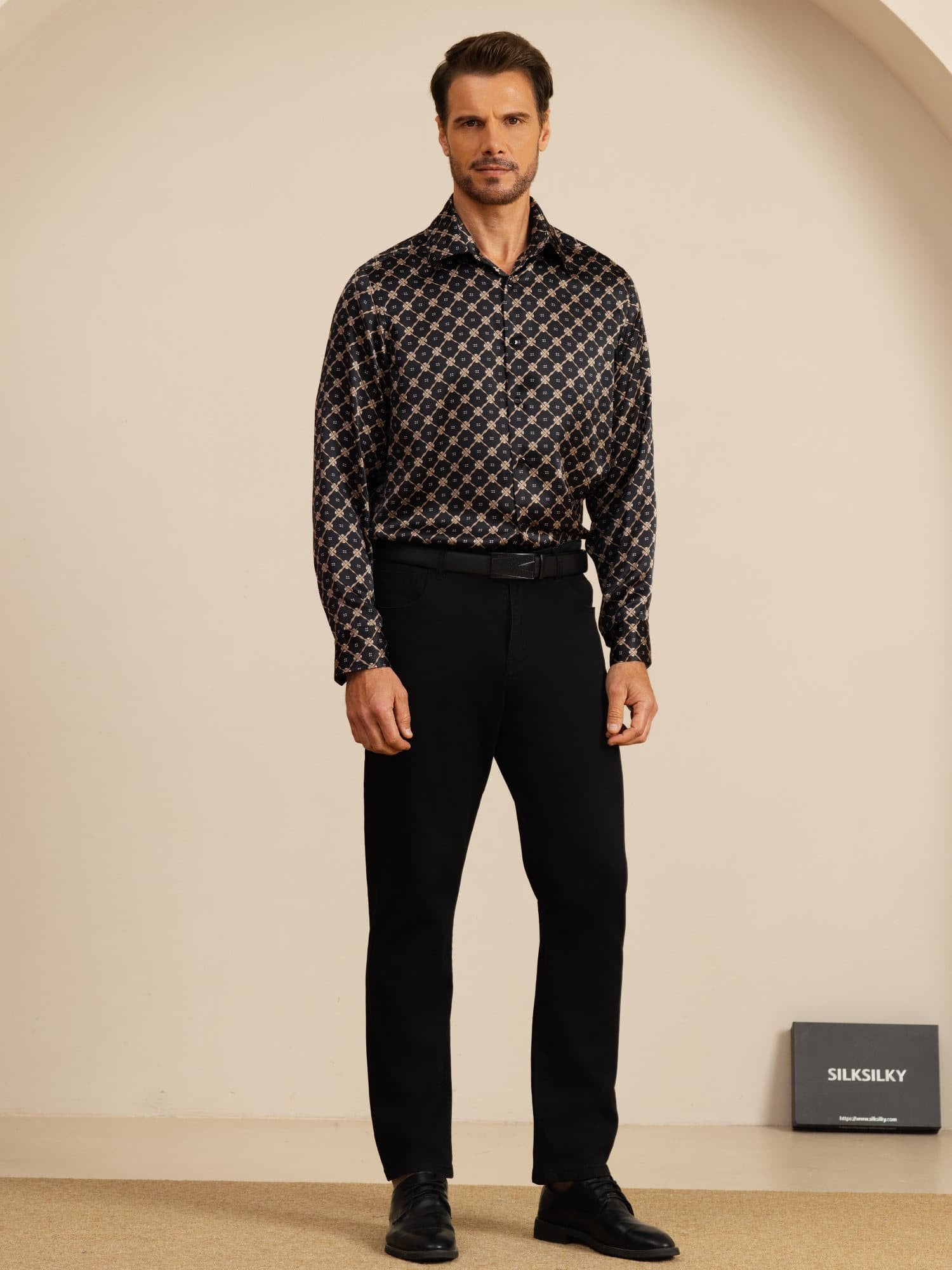 [Catena Nera] SilkSilky-IT Manica lunga Colletto con Revers Camicia da uomo 008