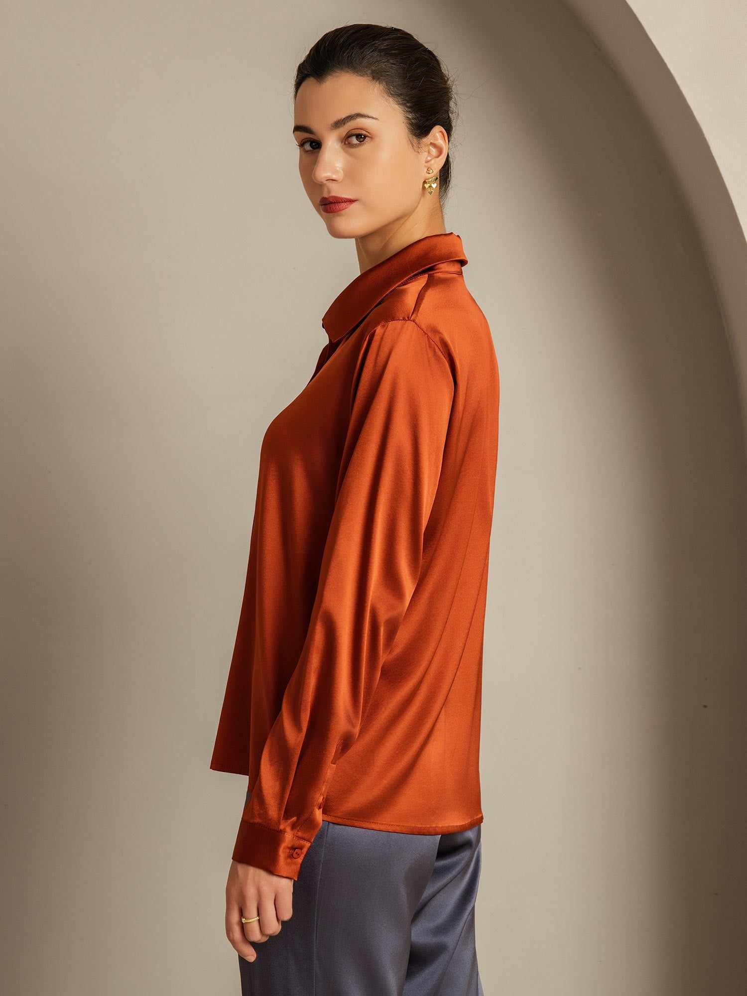 [Caramello] SilkSilky-IT 19Momme Seta Manica lunga Colletto risvolto Camicie da donna 002