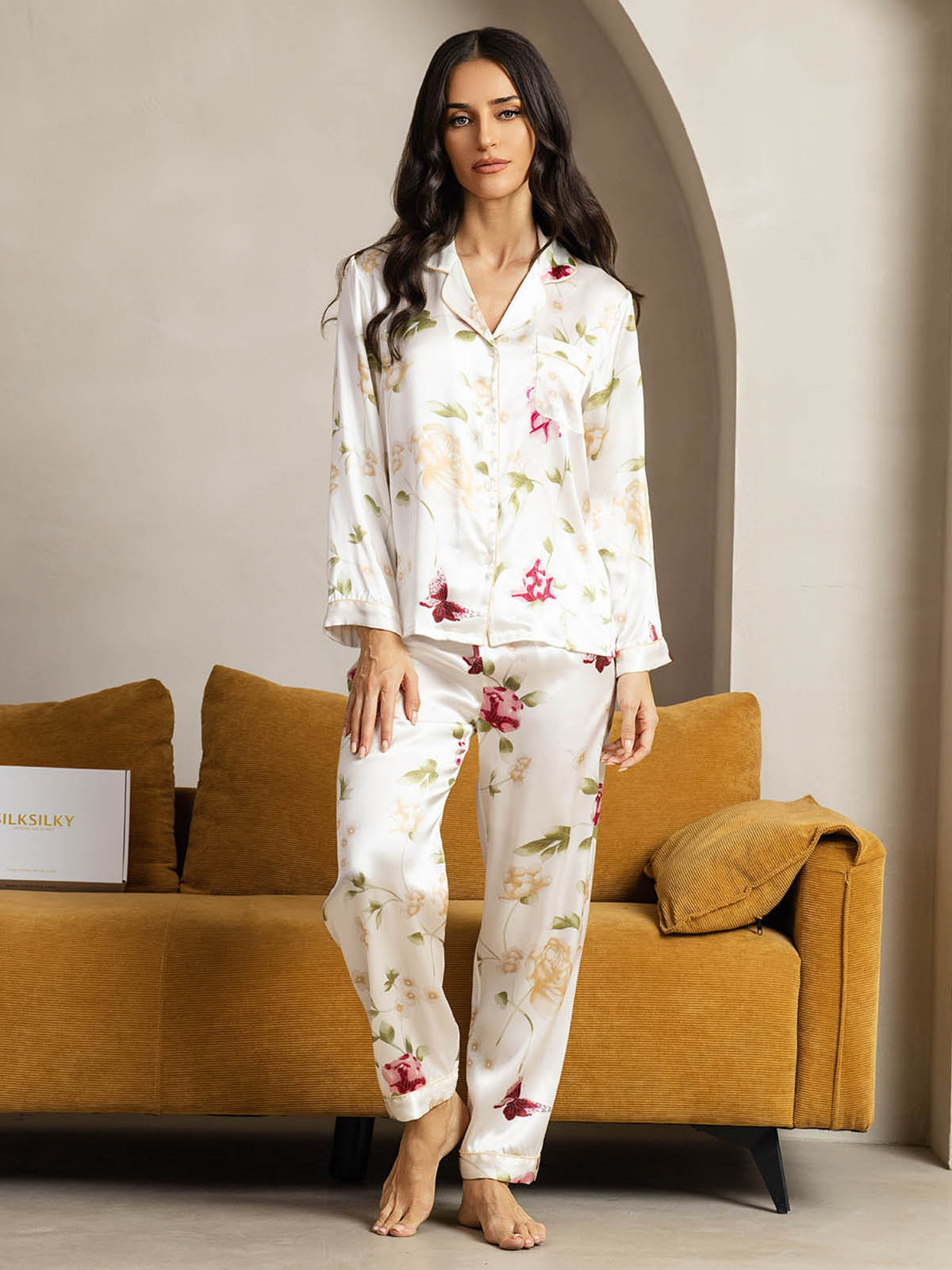 [Fiori Avorio] SilkSilky-IT Seta pura Womens Pajamas 003