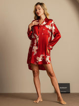 [Rosso Scuro] SilkSilky-IT Long Sleeve Lapel Collar Camicia da notte 006