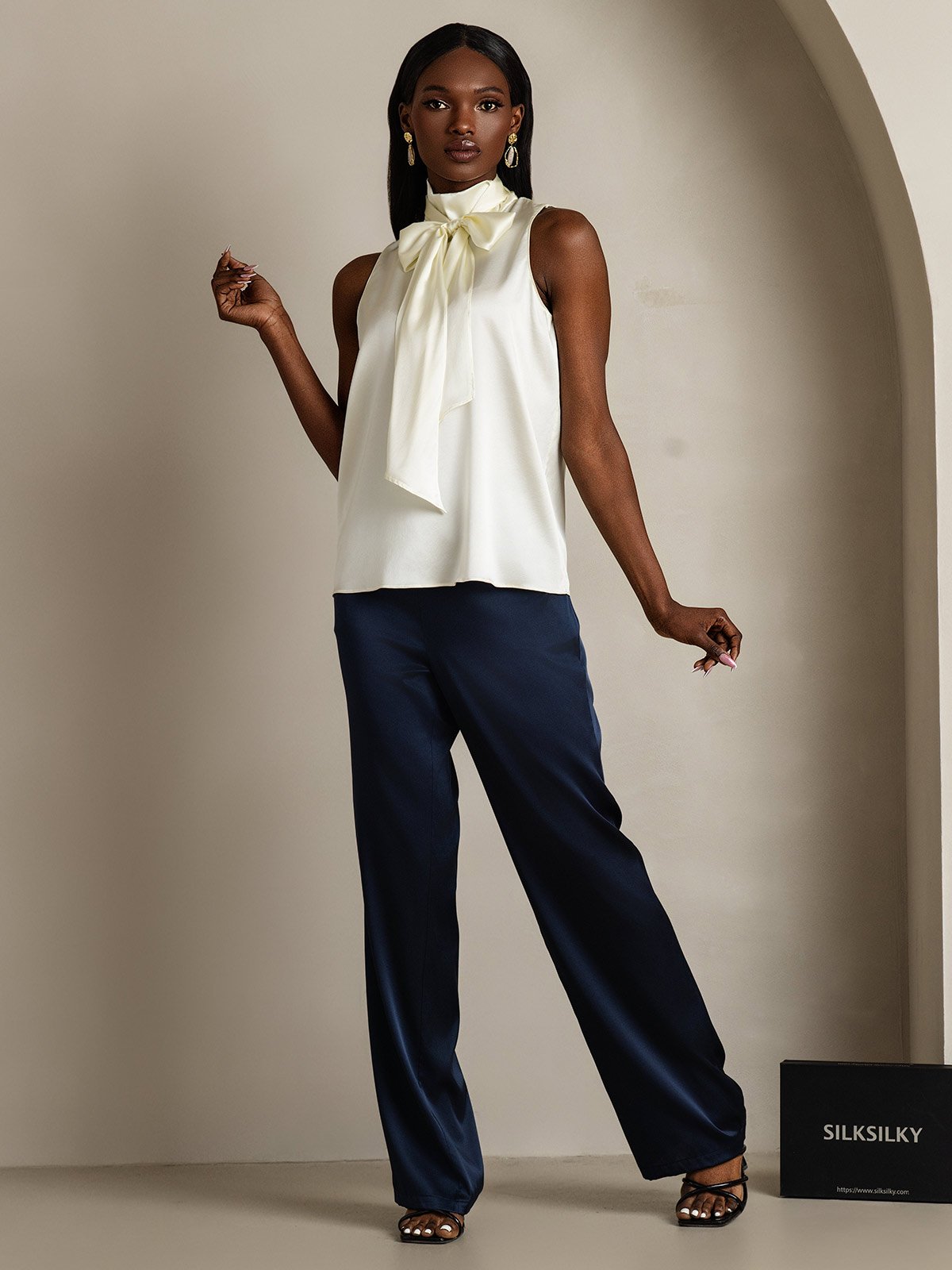 [Avorio] SilkSilky-IT 19Momme Senza maniche Collo con fiocco Camicette 007