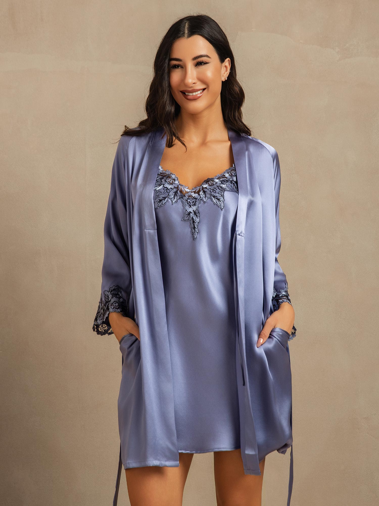 [Blu Acciaio] SilkSilky-IT A tre quarti Nightgown&Robe Set 007